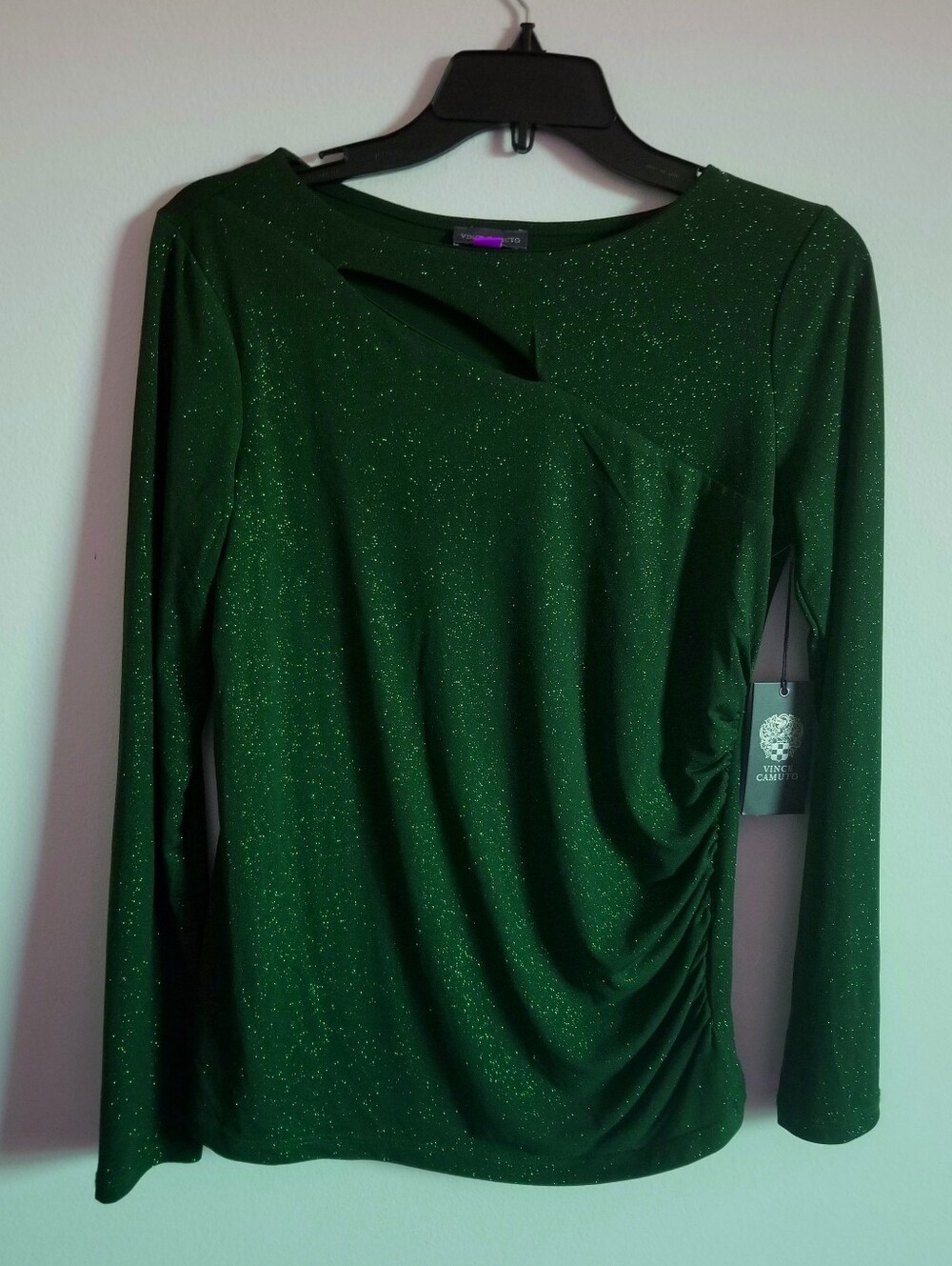 Vince Camuto Green Sparkle Long-Sleeve Twist Detail Top